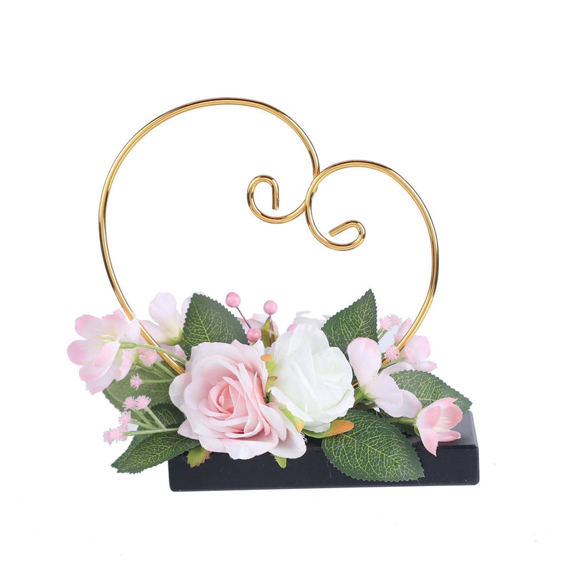 Vintage Heart Ring Holder with Artificial Roses and Daisies, 7.5 Inch, Includes Pot