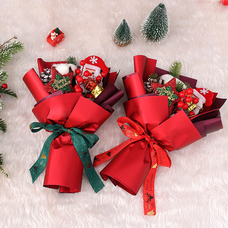 Bouquet de fleurs artificielles de Noël en vrac de 11 pouces avec poupée de Père Noël à baies rouges et étoile scintillante pour cadeaux de petite amie en gros
