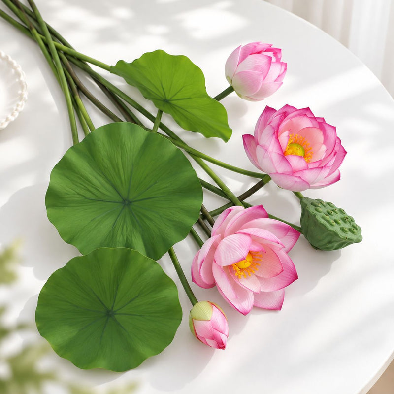 Artificial Lotus Flower Bush with 3 Blooms, Lotus Leaves & Seed Pod, PU Faux Lotus for Tea Room, Wedding, Home Decor