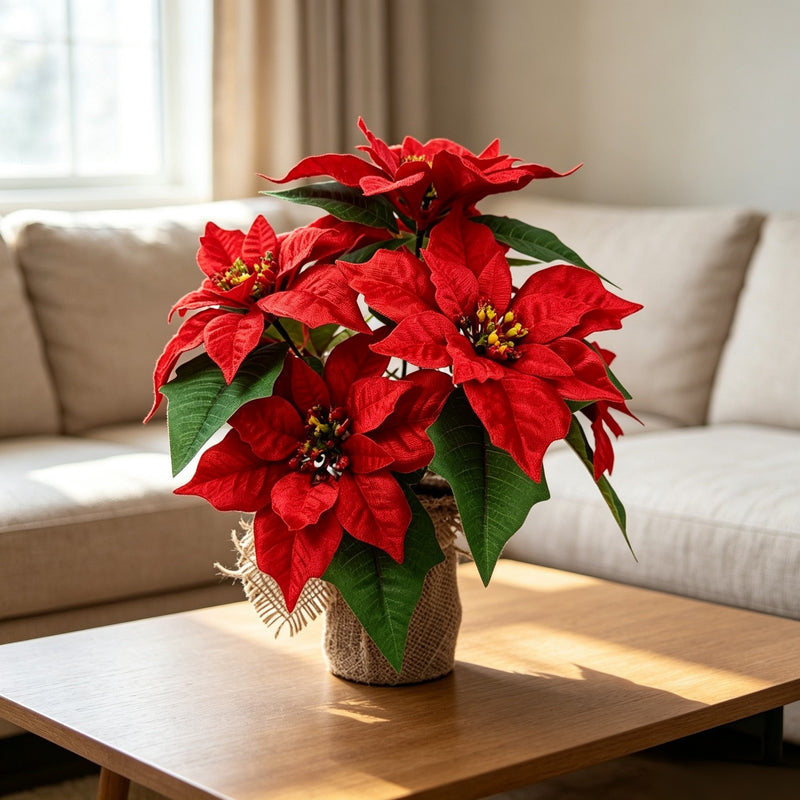 14" Artificial Poinsettia Bush with Planter, Christmas Holiday Decor for Home, Office & Events, Realistic Plastic Faux Floral Arrangement