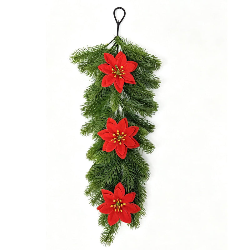 Artificial Pine Needle Poinsettia Christmas Wreath Hanging Vine, Red Berry Wall Door Swag, Green or White-Green, Holiday Decor