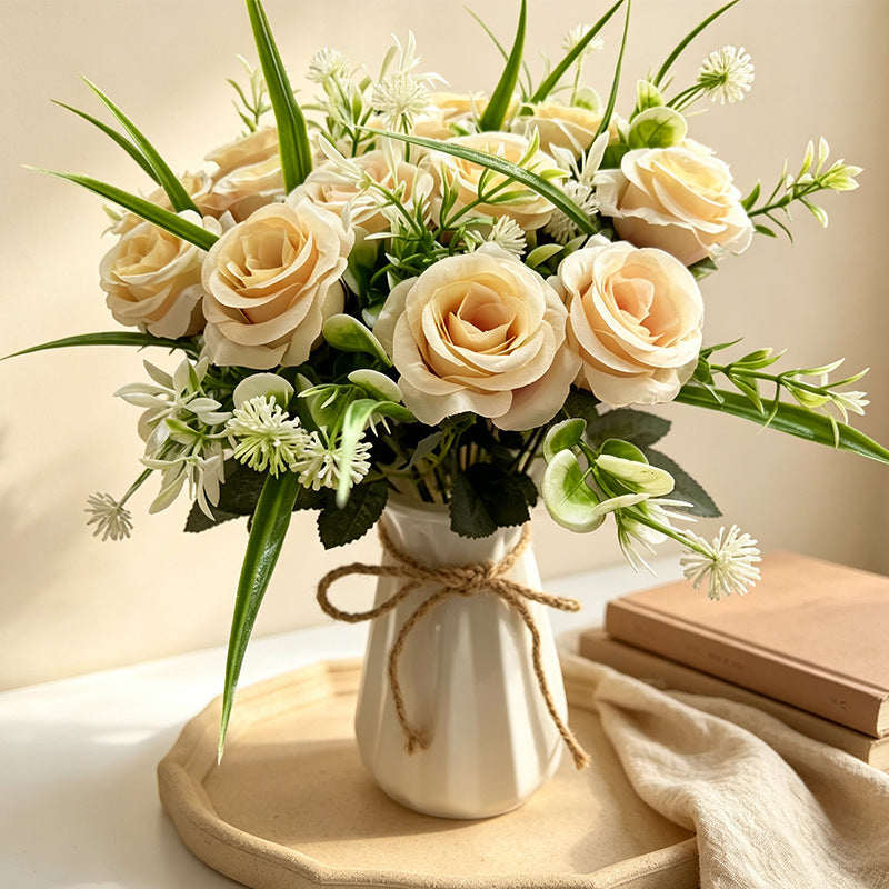 18-Bloom Rose Bush, Modern Farmhouse Style Artificial Flower Bouquet for Home Decor, Weddings, and Events