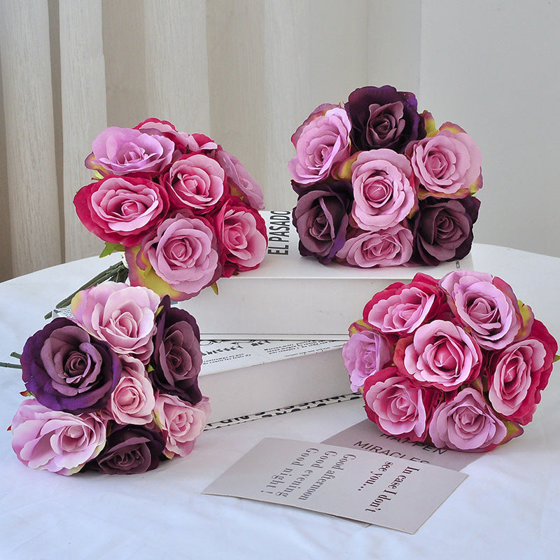 Artificial Rose Bouquet with 7 Blooms, Faux Silk Hand-Tied Bridal Bouquet, Wedding & Home Decor
