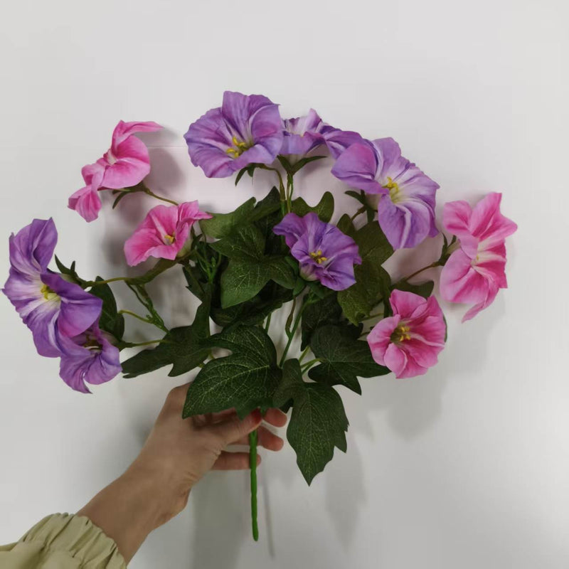 Artificial Morning Glory Bush with 10 Blooms, 16" Tall Silk-Like Faux Flowers for Weddings, Home Decor & Outdoor Use
