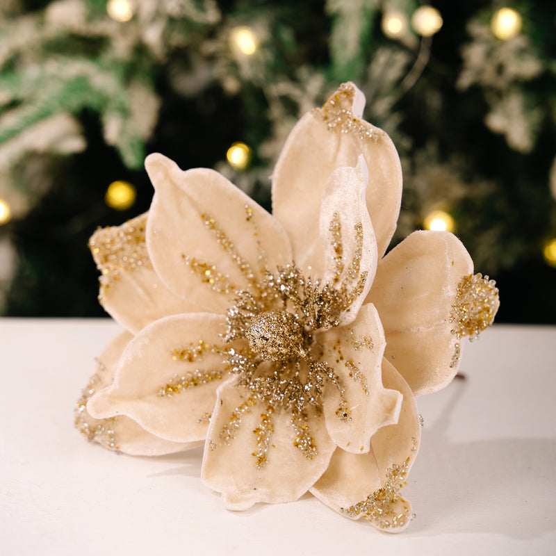 Gold Glitter Velvet Magnolia Artificial Flower Stem, Single Stem 1 Bloom, Christmas Tree Ornament, Holiday & Wedding Decor