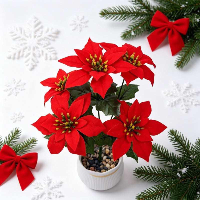 Artificial Poinsettia Bush with 5 Blooms, Weddings & Home