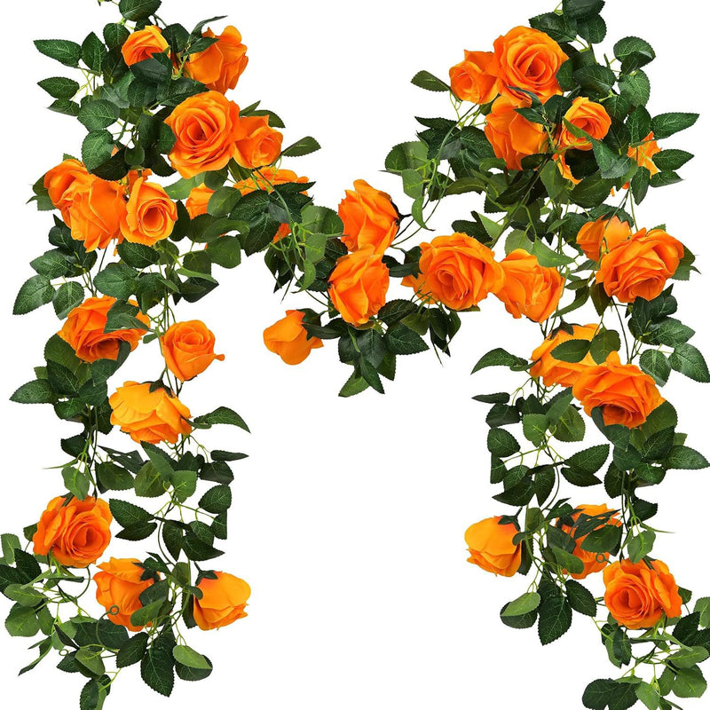 Orange Rose Garland Vine with Lights, Set of 2 Faux Silk Trailing Vines, Halloween, Fall & Wedding Decor