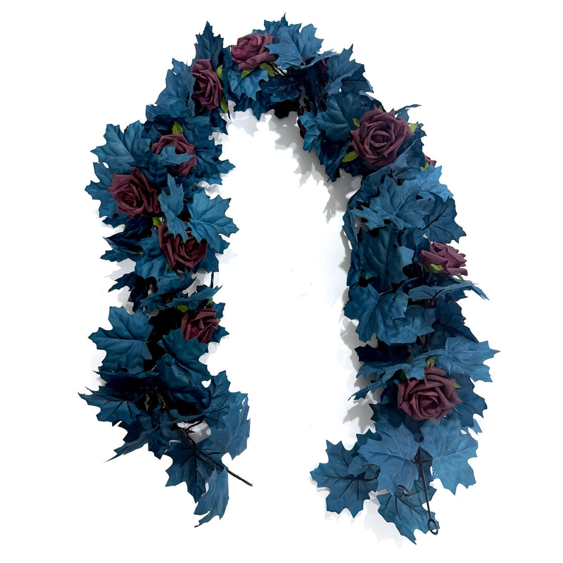 Blue Maple Leaf Rose Garland Vine, 2-Pack Artificial Fall Vines, Silk-Like Fabric, Halloween & Autumn Decor