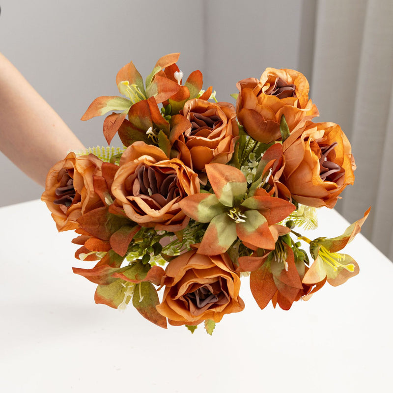 13" Realistic Silk Rose & Lily Bush, 9 Blooms, Wedding & Home Décor, Indoor/Outdoor Use