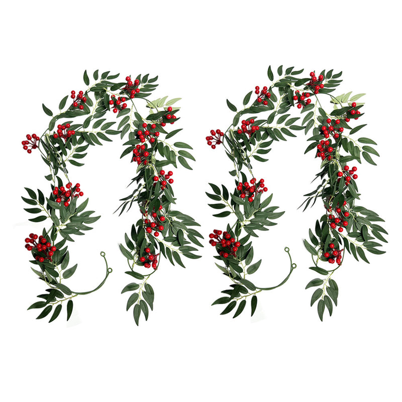 Artificial Willow Leaf Vine Garland with Red Berries, Set of 2 Trailing Vines, 79" Long, Christmas & Holiday Door Hanging Decor
