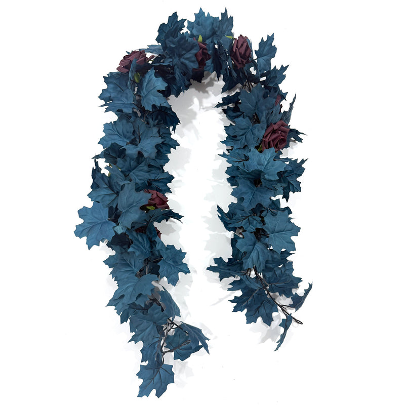 Blue Maple Leaf Rose Garland Vine, 2-Pack Artificial Fall Vines, Silk-Like Fabric, Halloween & Autumn Decor