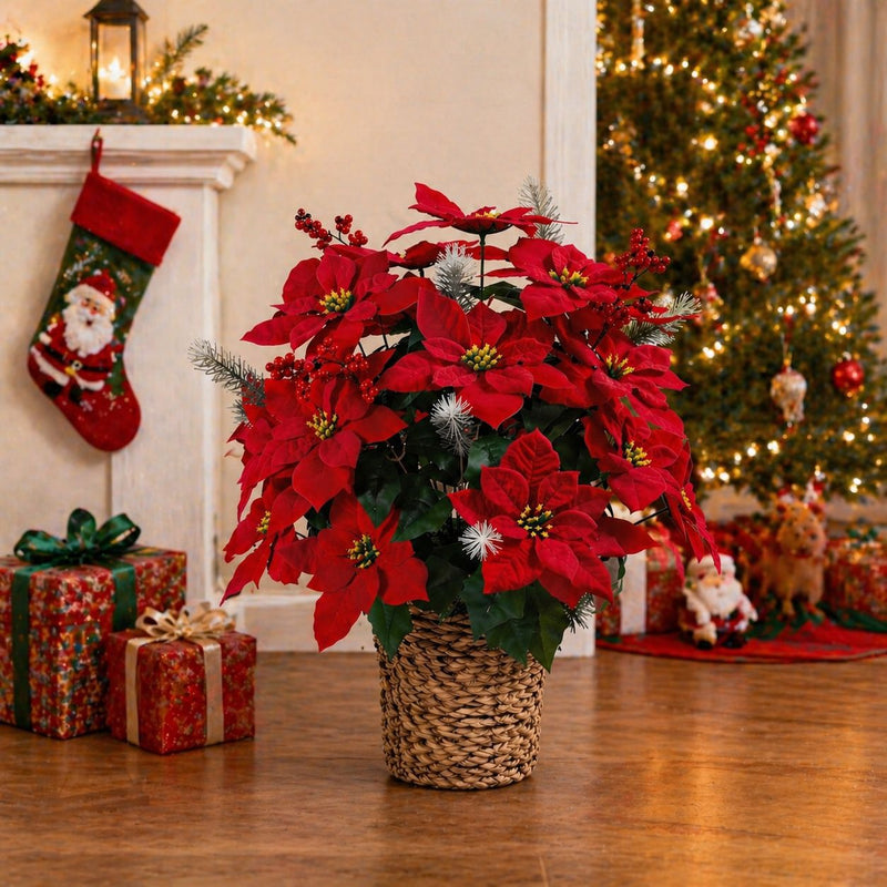 Artificial Poinsettia Bush with 36 Blooms, 14" Christmas Silk Floral Arrangement for Holiday Decor, Weddings & Events