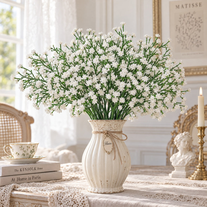 Artificial Baby's Breath Stems, Set of 10 White or Sky Blue Gypsophila Stems for Wedding Centerpieces, Home Decor, Floral Arrangements (11" Tall)