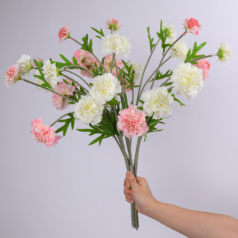 Artificial Scabiosa, Carnation & Daisy Flower Bush with 3 Blooms, Flocked Faux Floral for Wedding, Home & Office Decor