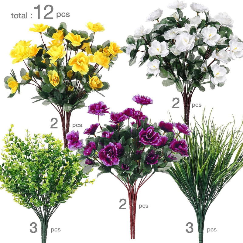 Artificial Eucalyptus & Azalea Spring Greenery Bush, Set of 12, Plastic Faux Flowers for Home, Wedding & Porch Decor