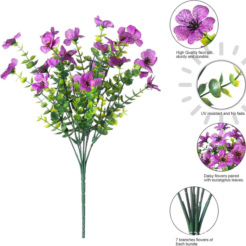 Artificial Violet Bush with Eucalyptus, 7 Branches 21 Blooms, Faux Silk-Like Fabric, Farmhouse Home Decor & Wedding Floral Filler