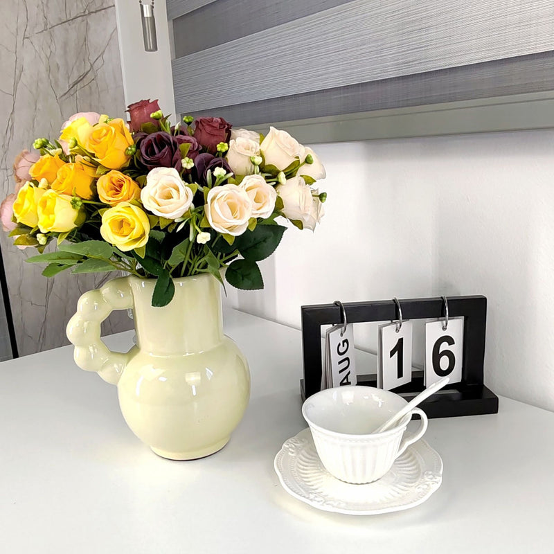 Modern Artificial Rose Bush with 10 Blooms, 12" Tall Plastic Faux Flowers for Home Decor, Weddings & Events