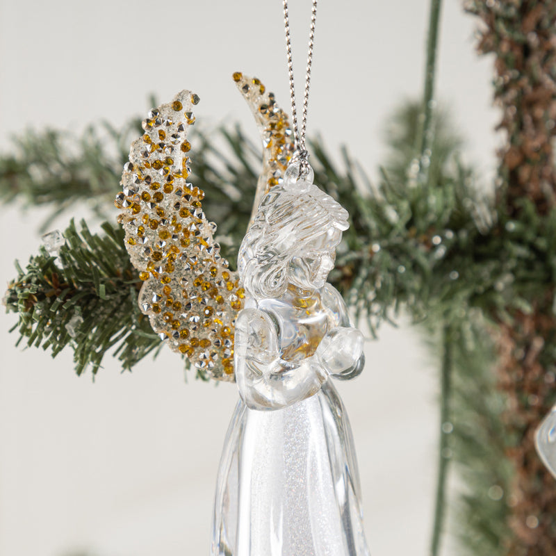 Bulk Christmas Ornaments Crystal Clear Angel with Gold Wings Xmas Tree Hanging Pendants Holiday Decor Wholesale