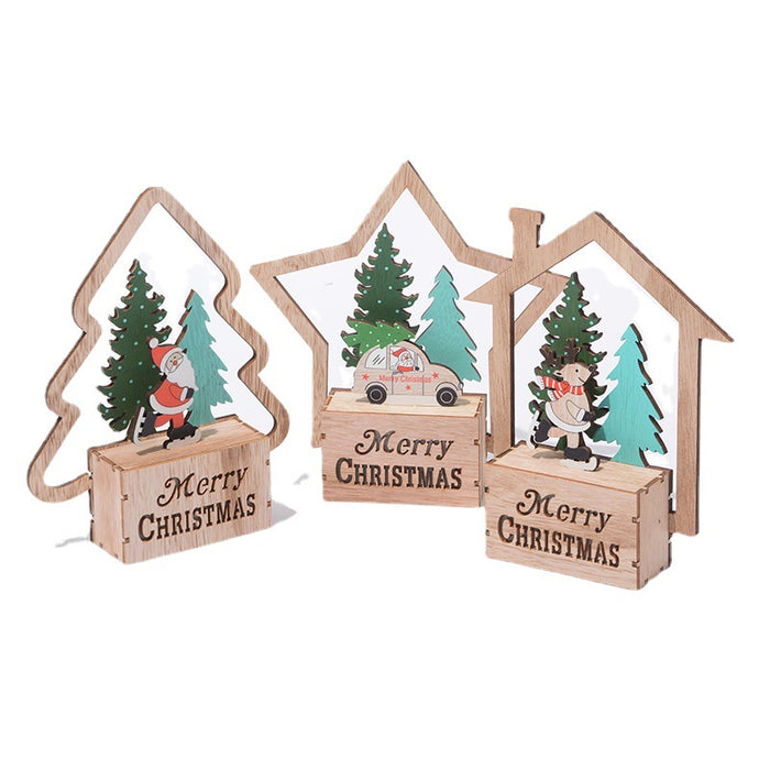 Bulk Wooden Merry Xmas Ornament with Hollow-out House Star Xmas Tree for Tabletop Decor Wholesale