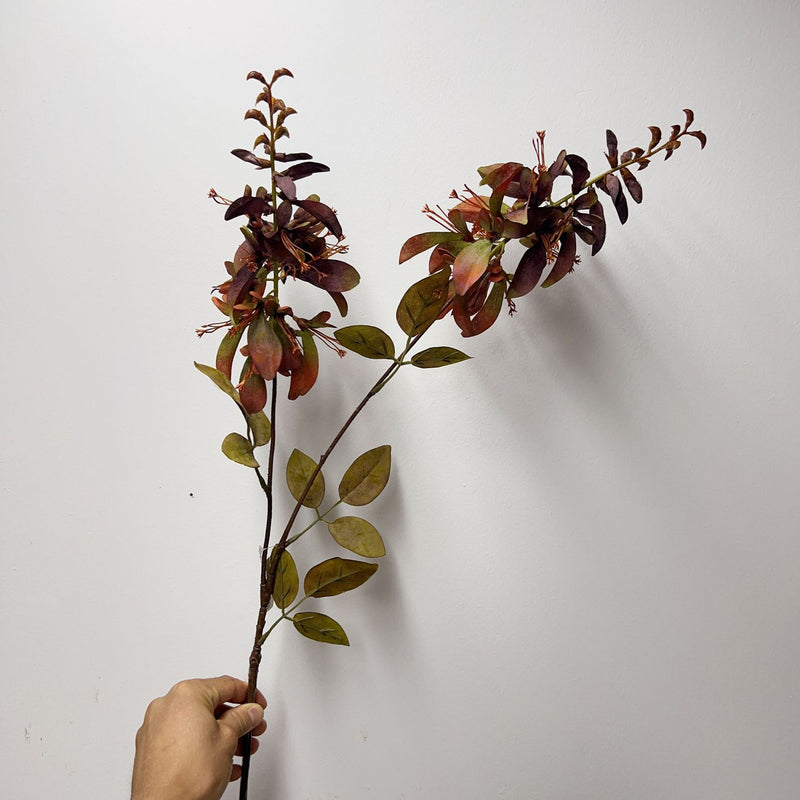 Single Stem Artificial Erythrina Flower with Eucalyptus Leaves and Coral Leaves, 33" Tall, Faux Silk, Indoor or Outdoor Use