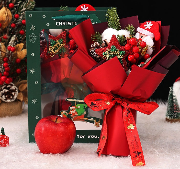 Bouquet de fleurs artificielles de Noël en vrac de 11 pouces avec poupée de Père Noël à baies rouges et étoile scintillante pour cadeaux de petite amie en gros