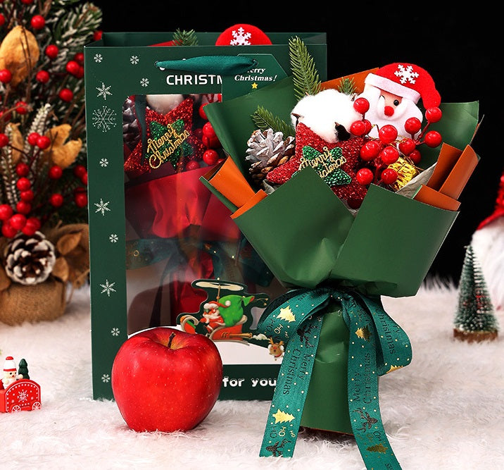 Bouquet de fleurs artificielles de Noël en vrac de 11 pouces avec poupée de Père Noël à baies rouges et étoile scintillante pour cadeaux de petite amie en gros