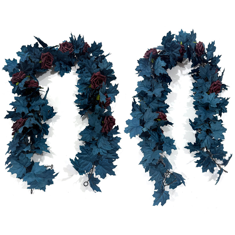 Blue Maple Leaf Rose Garland Vine, 2-Pack Artificial Fall Vines, Silk-Like Fabric, Halloween & Autumn Decor