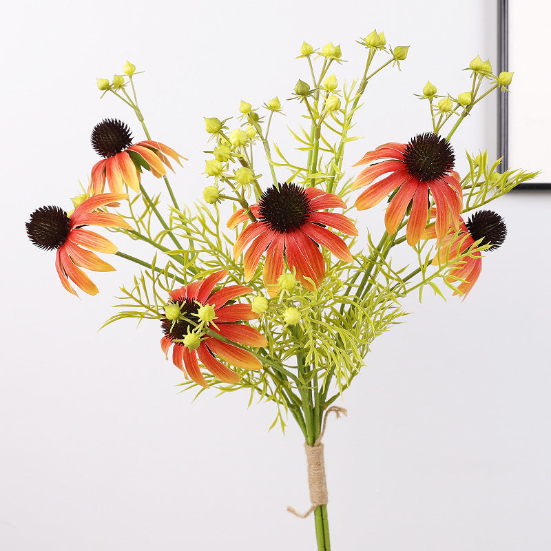 Artificial Echinacea Bouquet, 6 Coneflower Heads on 4 Bendable Stems, Faux Silk & Plastic, for Weddings & Home Decor