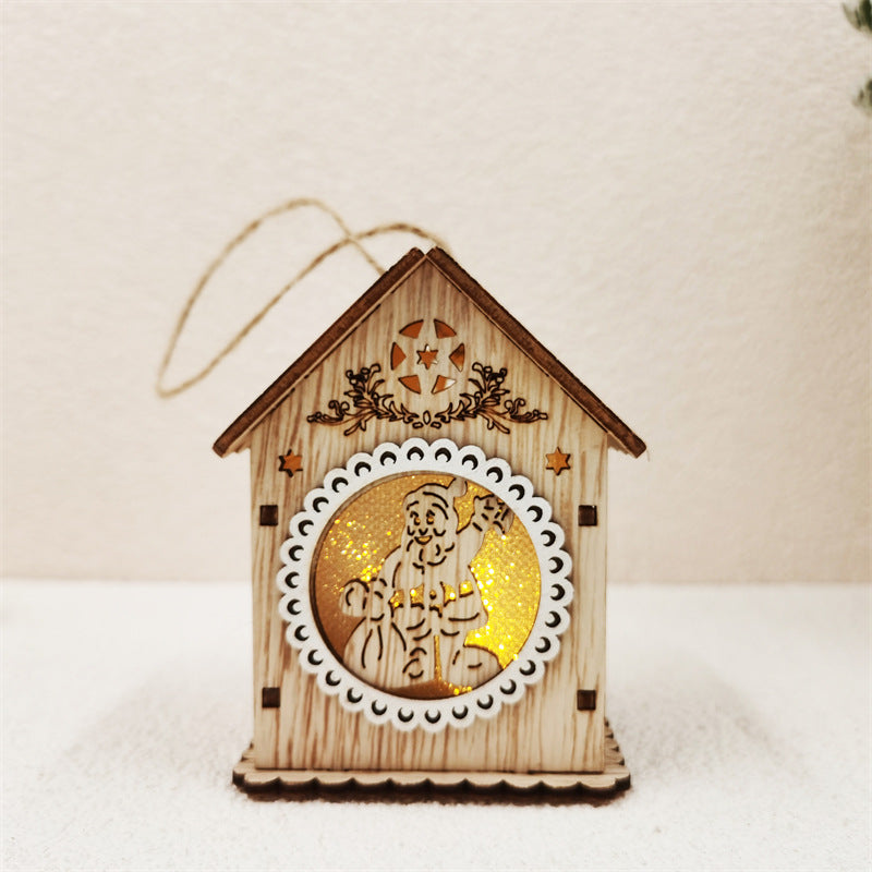 Bulk Christmas Ornaments Glowing Cabins with Hollow-Carved Santa Claus Snowman Elk Bell Xmas Scene Decorations for Tabletop Wholesale