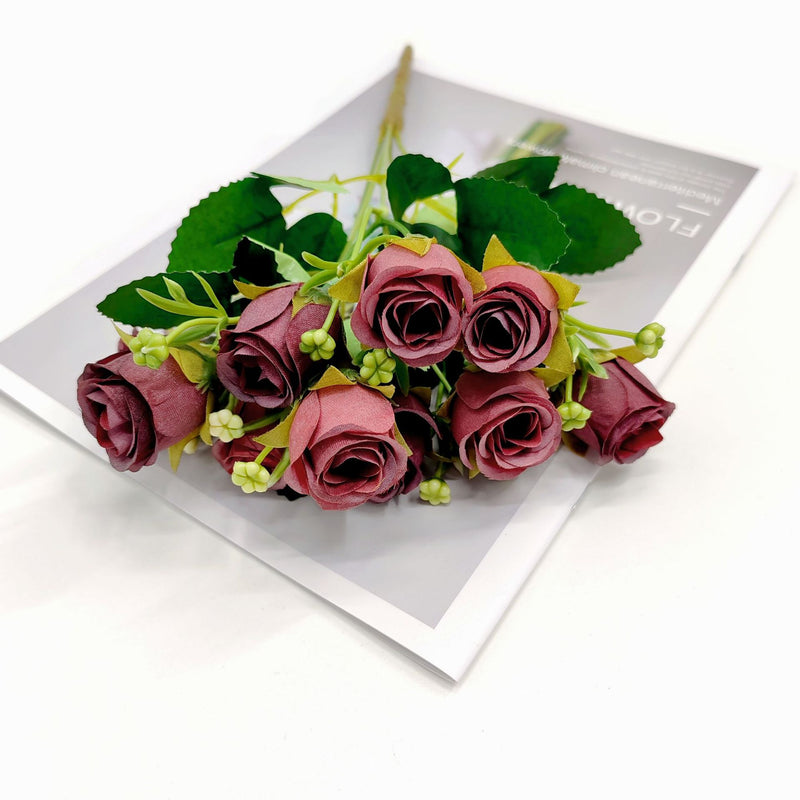 Modern Artificial Rose Bush with 10 Blooms, 12" Tall Plastic Faux Flowers for Home Decor, Weddings & Events
