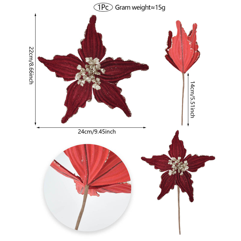 Artificial Poinsettia Christmas Flower, Single Stem with 11" Silk-Like Blooms, Holiday Decor for Home & Events