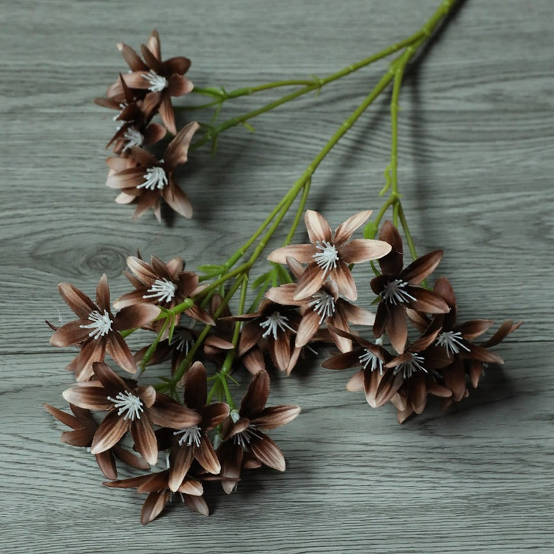Artificial Star Orchid Bush, 3-Prong 6-Point Faux Silk Flower Stem, 22 in, for Wedding, Vase & Home Decor