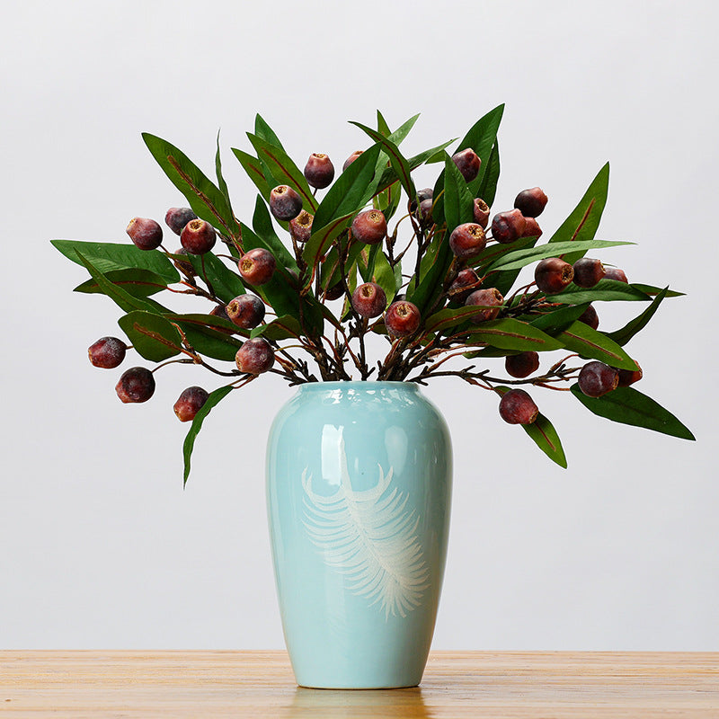 Artificial Pipa Fruit Bush with Leaves, Rustic Wabi-Sabi Style Faux Botanicals, 18" Tall, for Wedding Centerpieces, Home Decor, and Commercial Styling