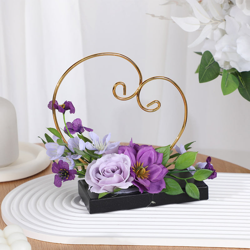 Vintage Heart Ring Holder with Artificial Roses and Daisies, 7.5 Inch, Includes Pot