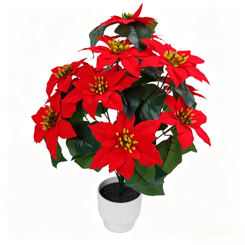 20" Artificial Poinsettia Bush with 14 Blooms, Realistic Christmas Floral Arrangement for Holiday Decor, Wedding Centerpieces, and Home Styling