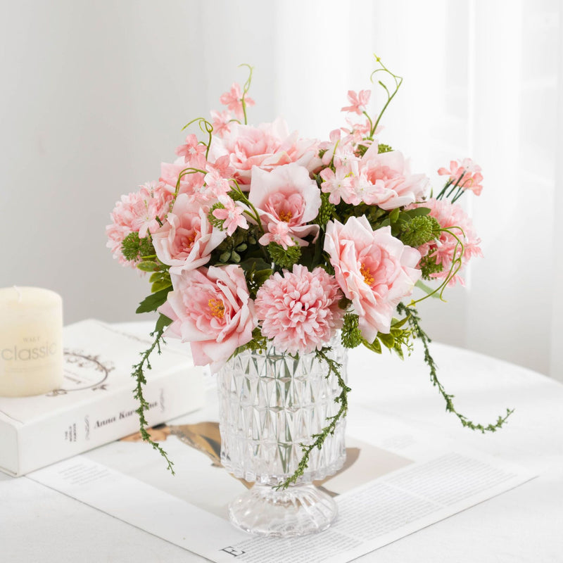 11" Artificial Rose & Chrysanthemum Bush, Realistic Fake Flower Arrangement with 5 Blooms - Wedding Centerpiece, Home Decor, Tabletop Display