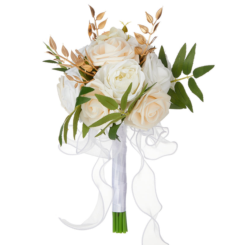 Hand-Tied Bouquet with 7 Rose Blooms, 11.4" Tall, Rustic Style, Perfect for Weddings and Indoor Décor
