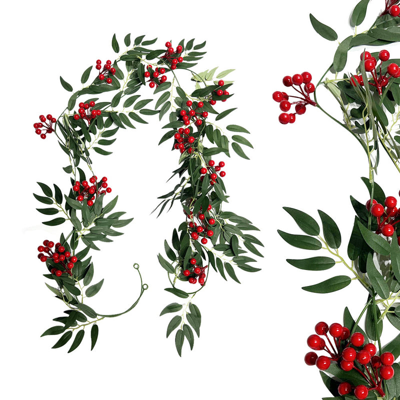 Artificial Willow Leaf Vine Garland with Red Berries, Set of 2 Trailing Vines, 79" Long, Christmas & Holiday Door Hanging Decor