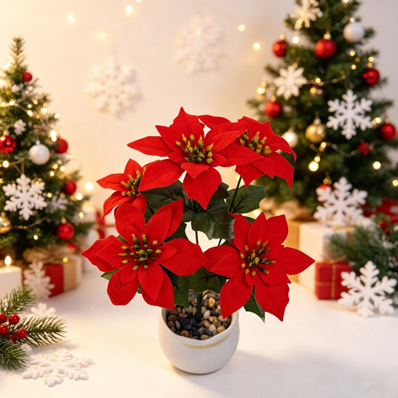 Artificial Poinsettia Bush with 5 Blooms, Weddings & Home