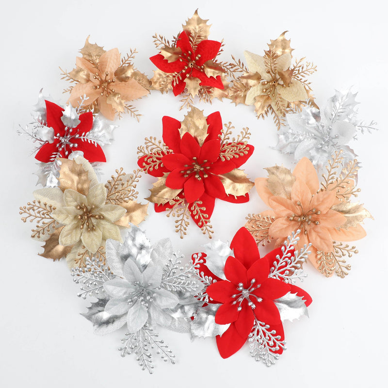 Gold Dust Glitter Flower Head, 4.5" Diameter, Silk-Like Faux Blossom for Christmas DIY Decor, Holiday Centerpieces & Floral Arrangements