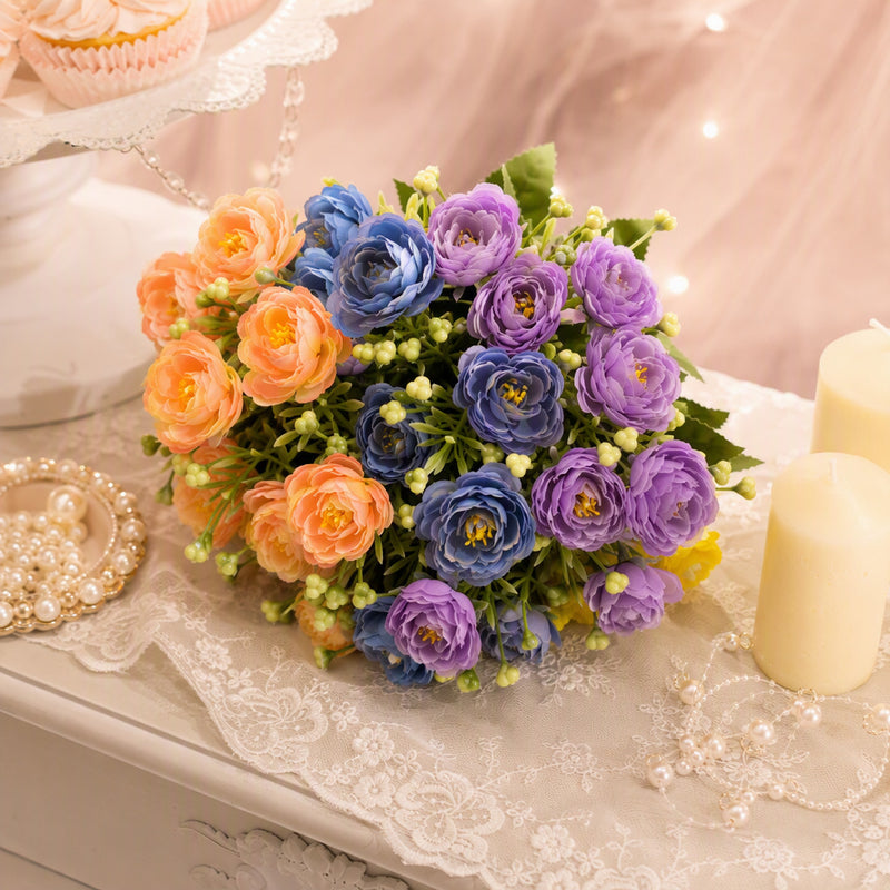 Artificial Rose Bush with 15 Blooms, 13.5" Silk-Like Faux Flowers for Home Office Decor, Weddings & Events