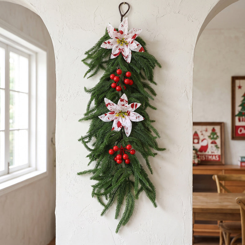 Artificial Christmas Garland with Pine, Holly, and Berries, 25" Indoor Holiday Decoration, Realistic Wall Hanging for Home, Office, or Party