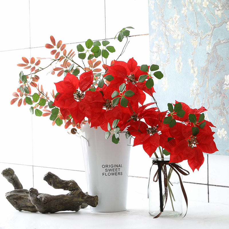 Tiges de poinsettia en vrac de 12 pouces Fleur de Noël Fleur artificielle en soie Vente en gros