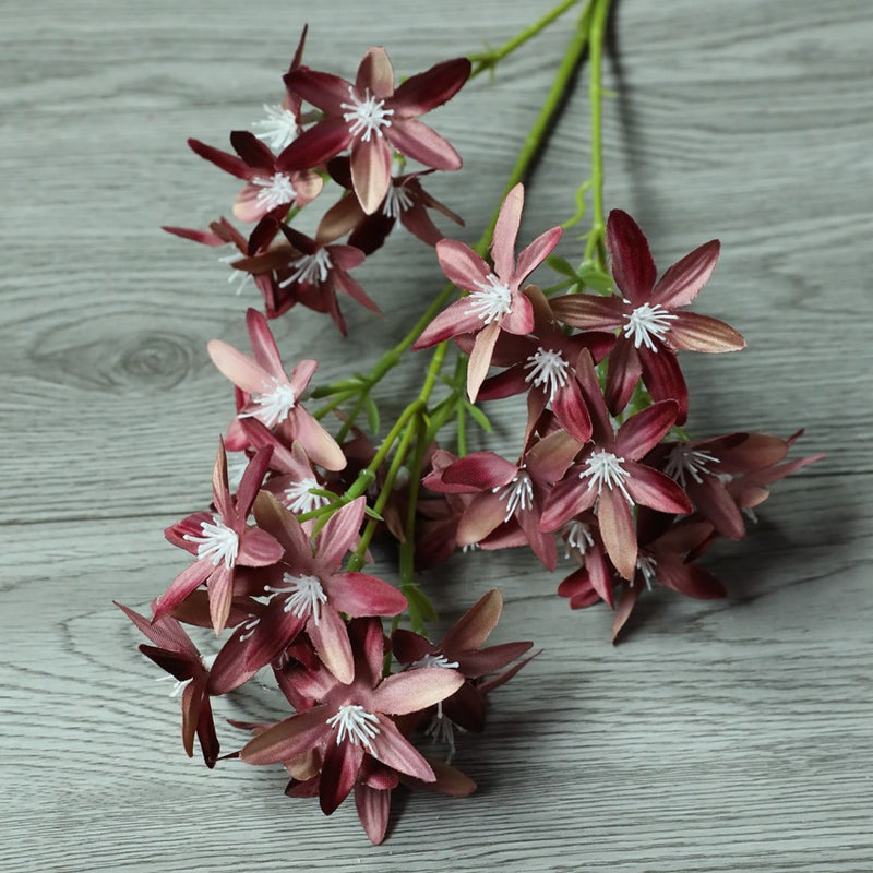 Artificial Star Orchid Bush, 3-Prong 6-Point Faux Silk Flower Stem, 22 in, for Wedding, Vase & Home Decor