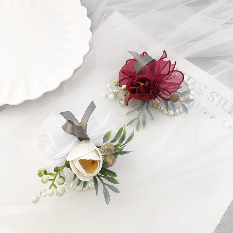 Bulk Romantic Marsala Artificial Velvet Tulips Wrist Corsage Wholesale