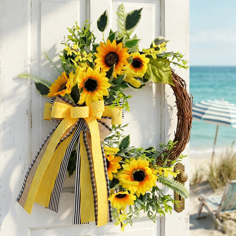 Sunflower Half Wreath with Bee Accents, 18" Autumn Floral Garland, Door Decoration