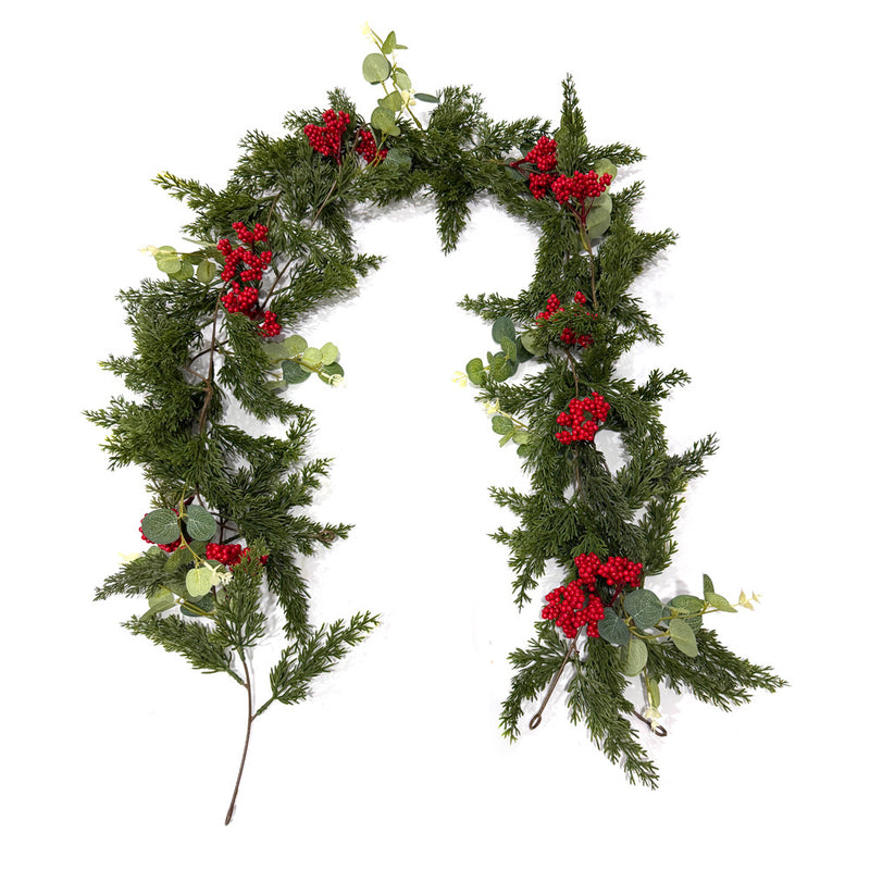 Artificial Pine Cypress Vine Garland with Red Berries & Money Leaves, Trailing Greenery for Christmas Door & Mantel Decor