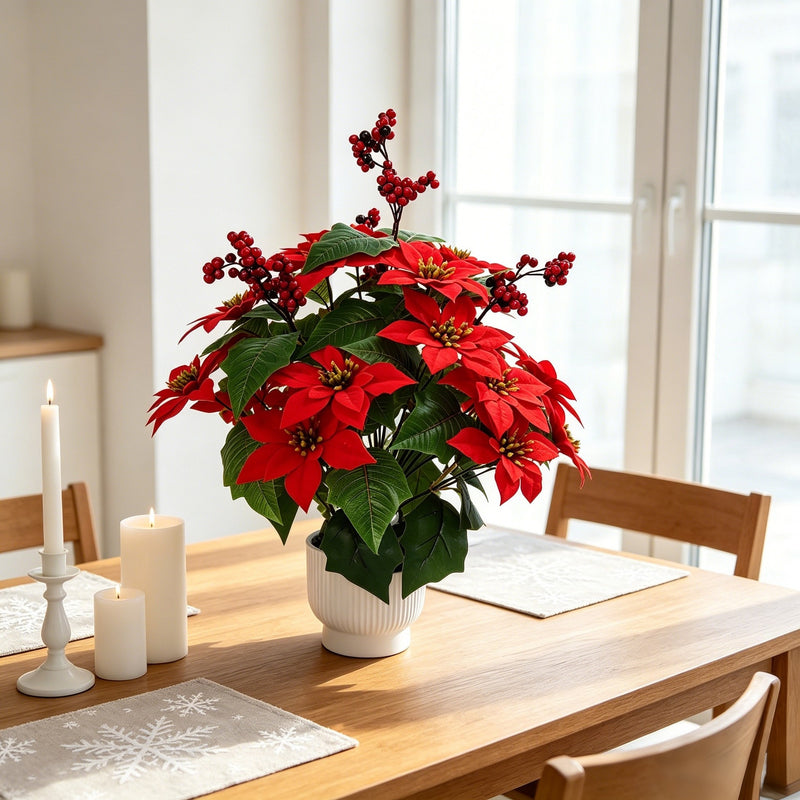 21" Faux Velvet Poinsettia Bush, Christmas Holiday Decoration, Realistic Artificial Flowers for Home, Office, Wedding & Events