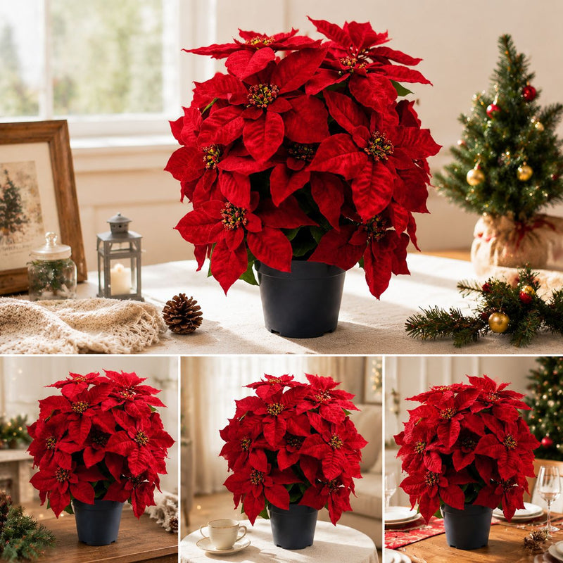 Artificial Poinsettia Bush with 20 Blooms, 19" Christmas Floral Arrangement with Pot, Indoor/Outdoor Holiday Decor
