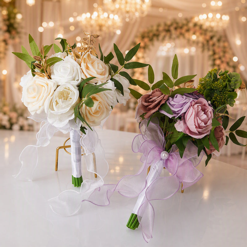 Hand-Tied Bouquet with 7 Rose Blooms, 11.4" Tall, Rustic Style, Perfect for Weddings and Indoor Décor